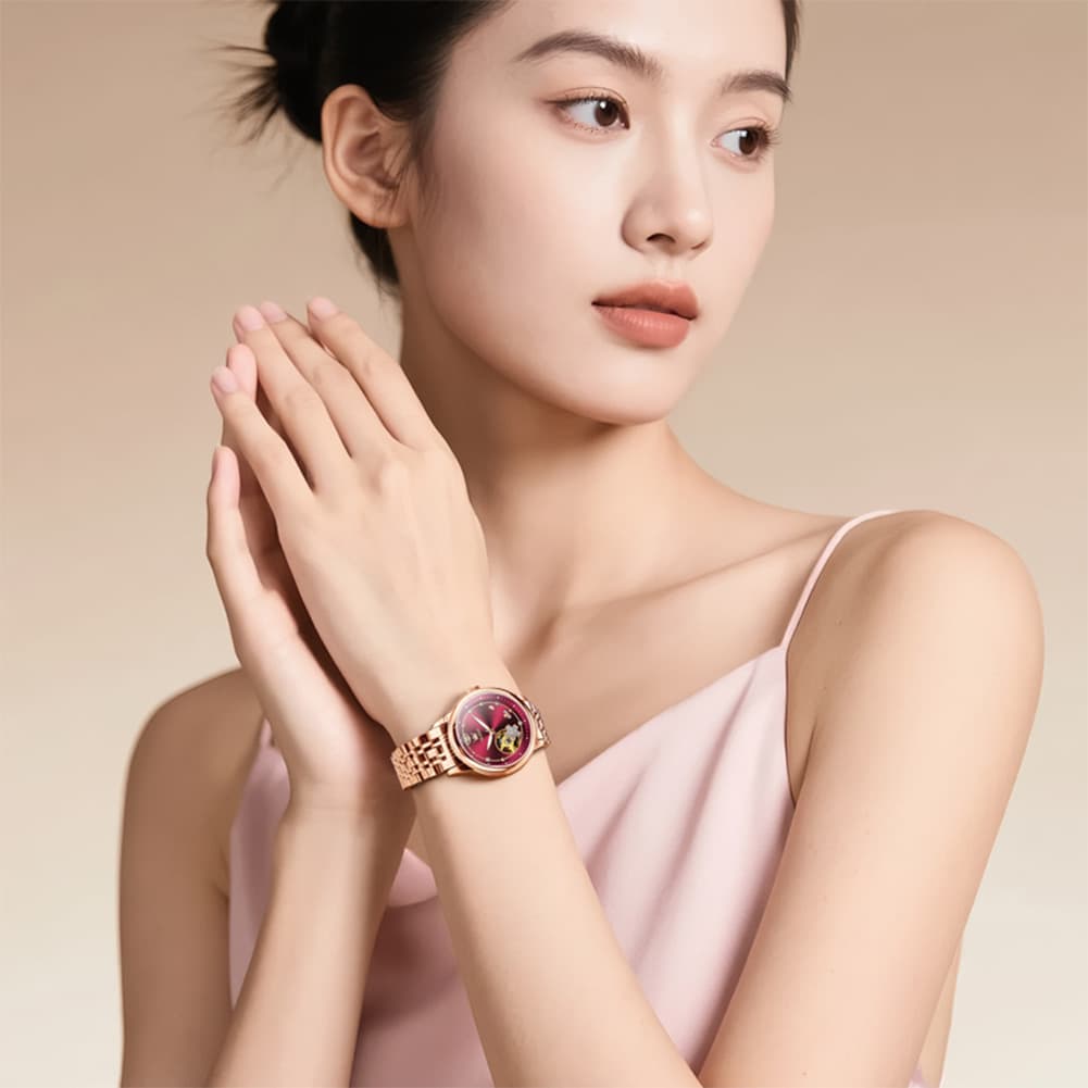 OLEVS 6732 Automatic Open Heart Diamond Watch For Women