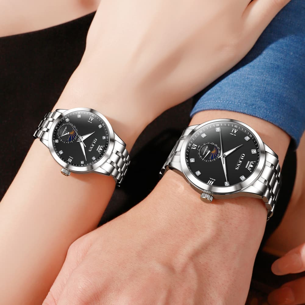 OLEVS 7041 Solid Steel Moon Phase Couples Watch Set
