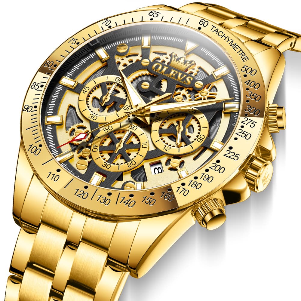 OLEVS 9913 Skeleton Dial Chronograph Gold Quartz Watch for Men
