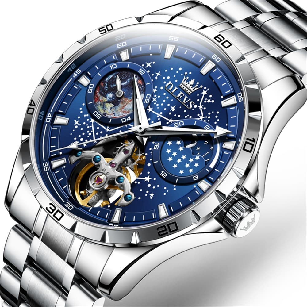 OLEVS 6689 Automatic Skeleton Starry Sky Leather Steel Watch for Men
