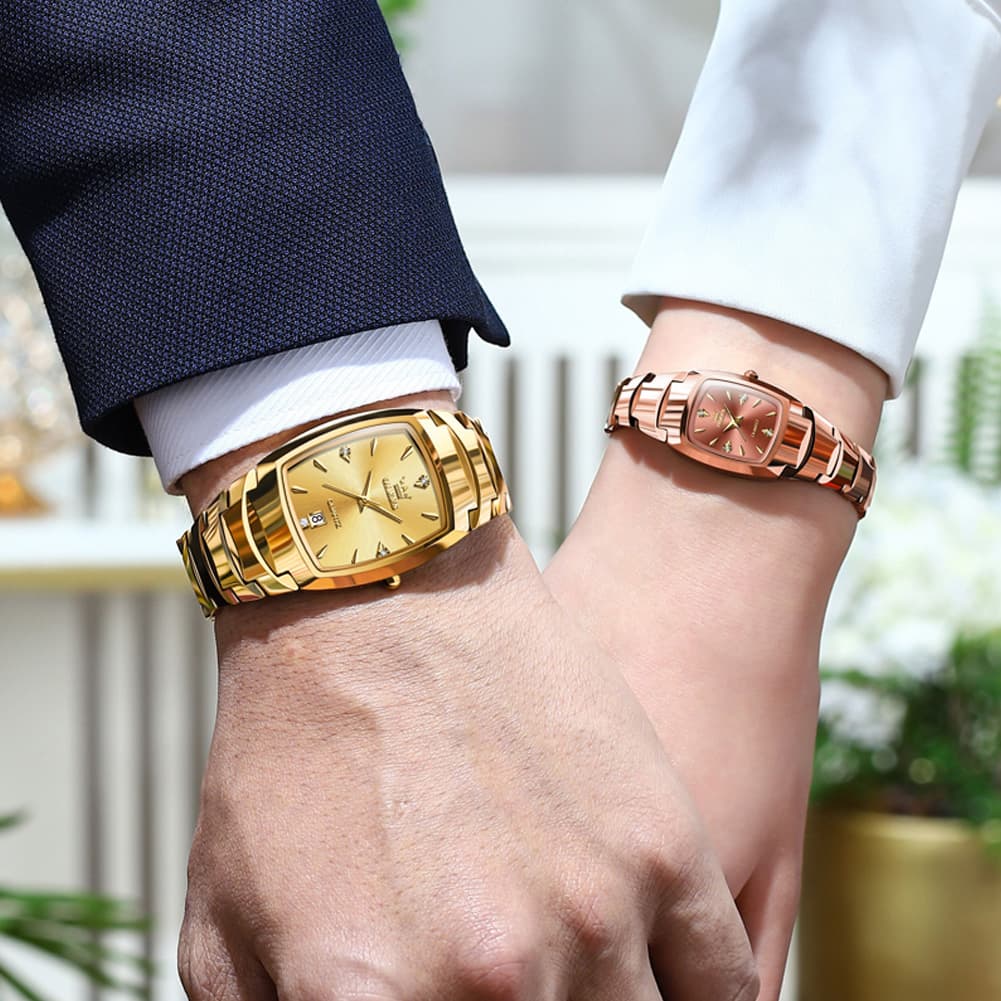 OLEVS 7006 Tungsten Steel Watch Tonneau Case Couple Diamond Accent Quartz Luxury Timepiece for Men and Women