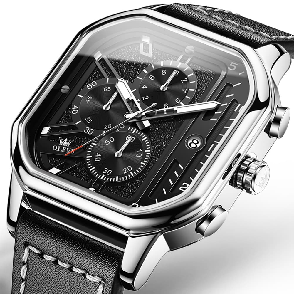 OLEVS 9950 Octagonal Case Chronograph Leather Watch for Men
