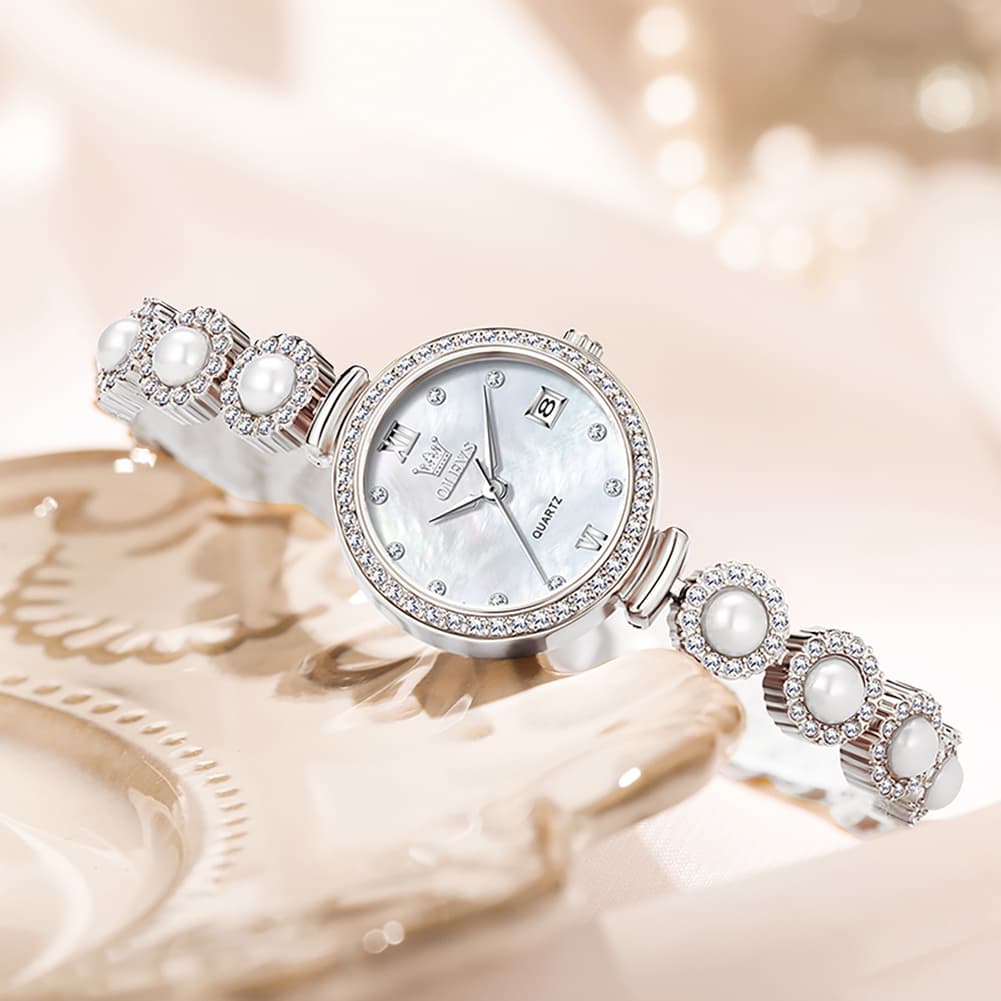 OLEVS Women Pearl Bracelet Watch Diamond Mother of Pearl Date Quartz 5635