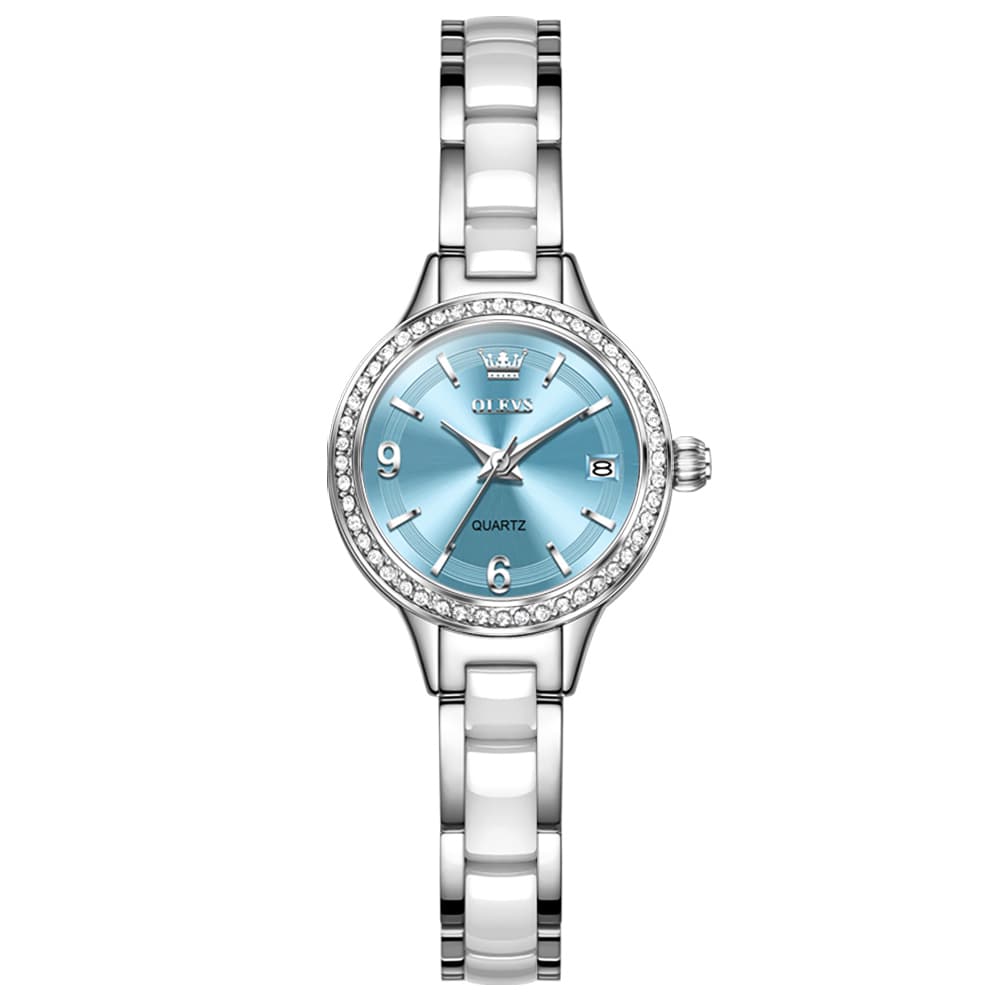OLEVS 7093 White Ceramic Watch Women Dainty Diamond Bezel Date Quartz Jewelry Timepiece