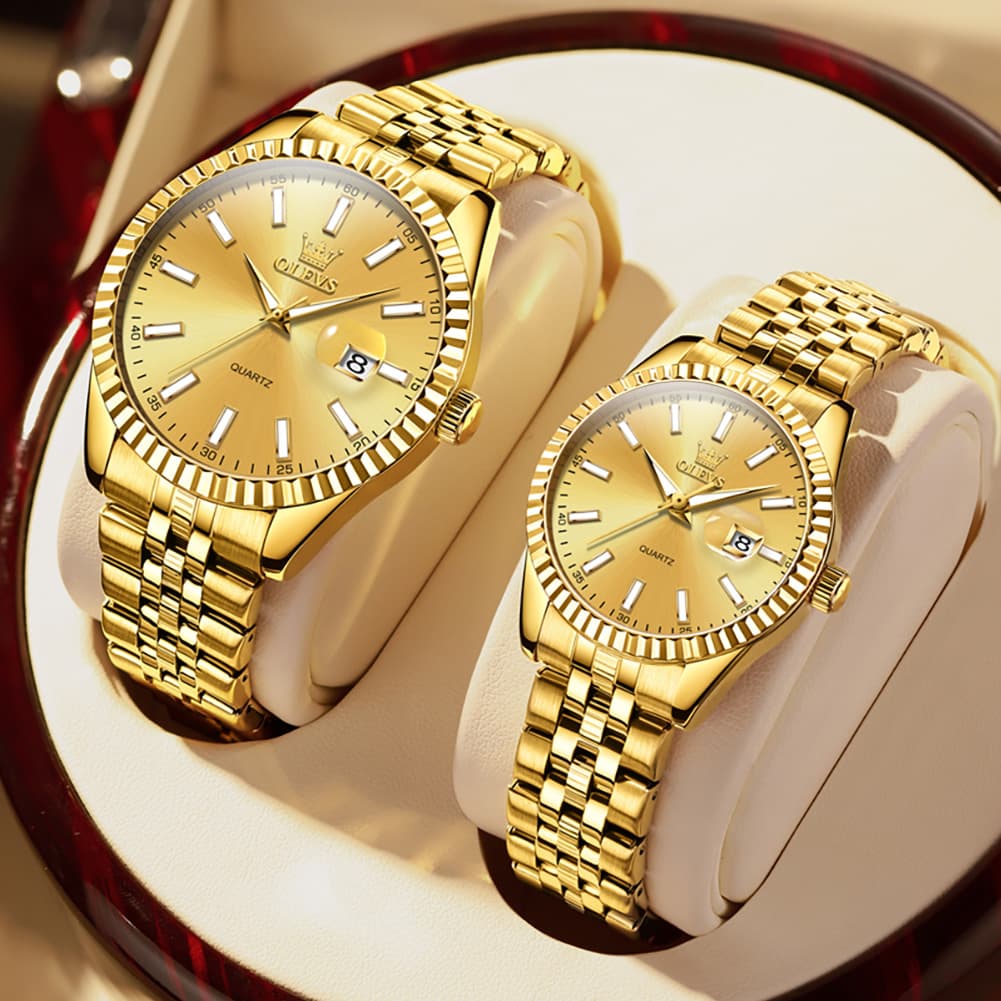 OLEVS Couple Watch Fluted Bezel Two Tone Stainless Steel Date Quartz 5593