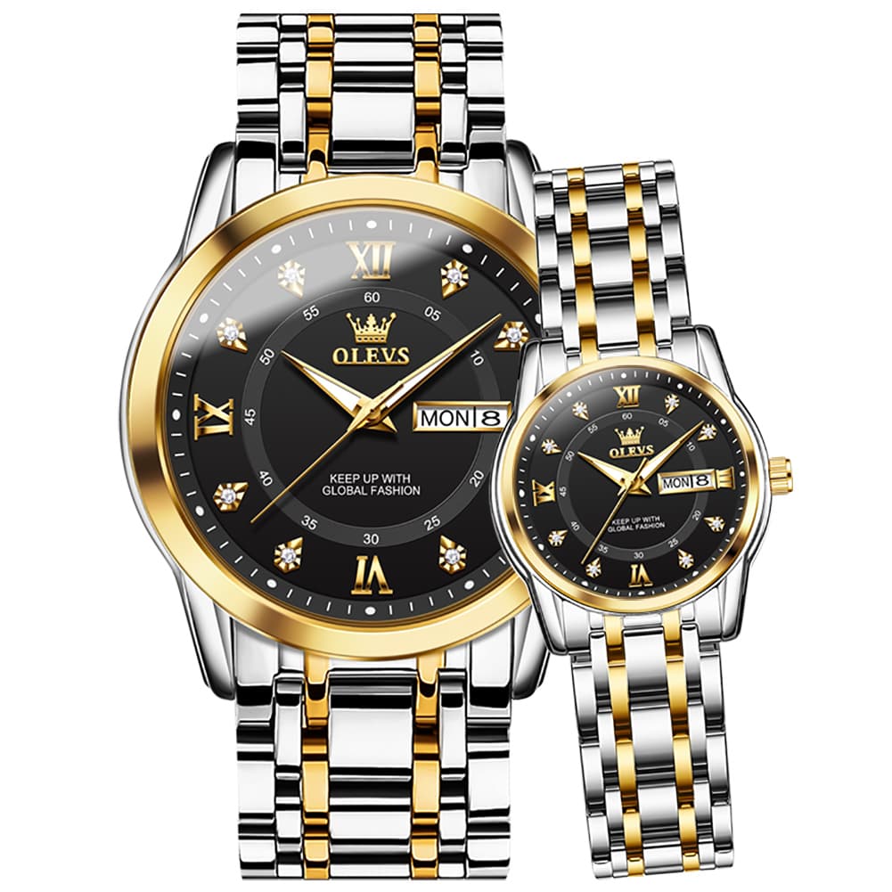 OLEVS Couple Watches Diamond Dial Day Date Quartz Watch 5513 Steel Band for His and Hers