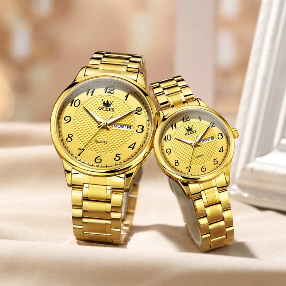 OLEVS 5667 Sapphire Crystal Couple Watch Day Date Stainless Steel Bracelet Luxury Timepiece for Men and Women