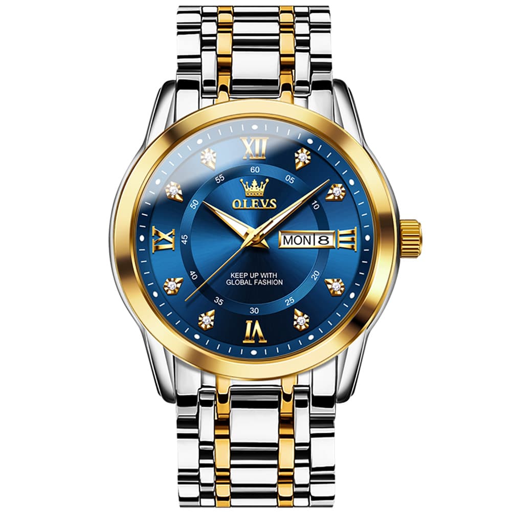 OLEVS Diamond Dial Day Date Quartz Watch 5513 Steel Band for Men