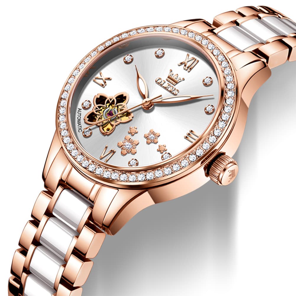 OLEVS 7074 Ceramic Open Heart Automatic Watch For Women