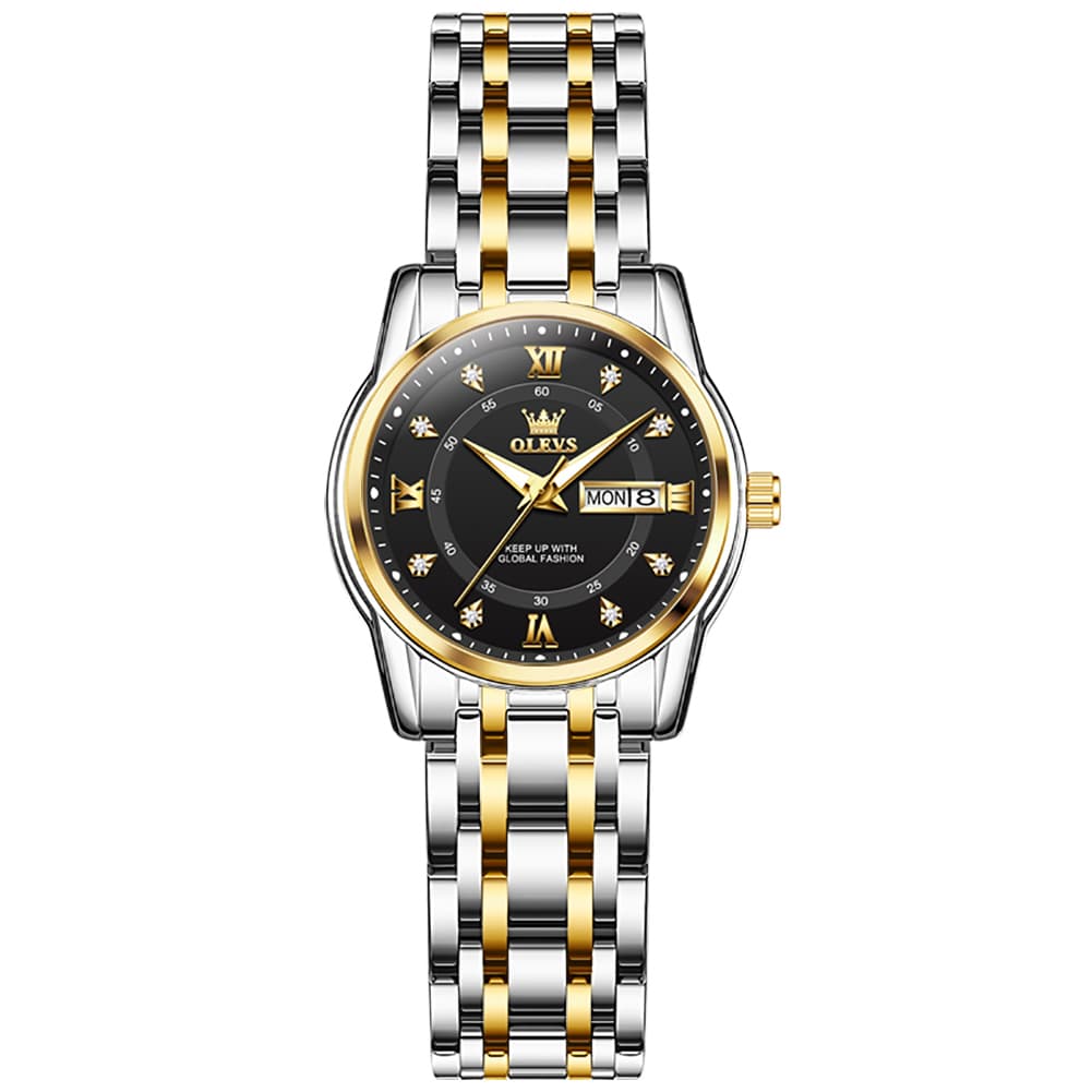OLEVS Diamond Dial Day Date Quartz Watch 5513 Steel Band for Women