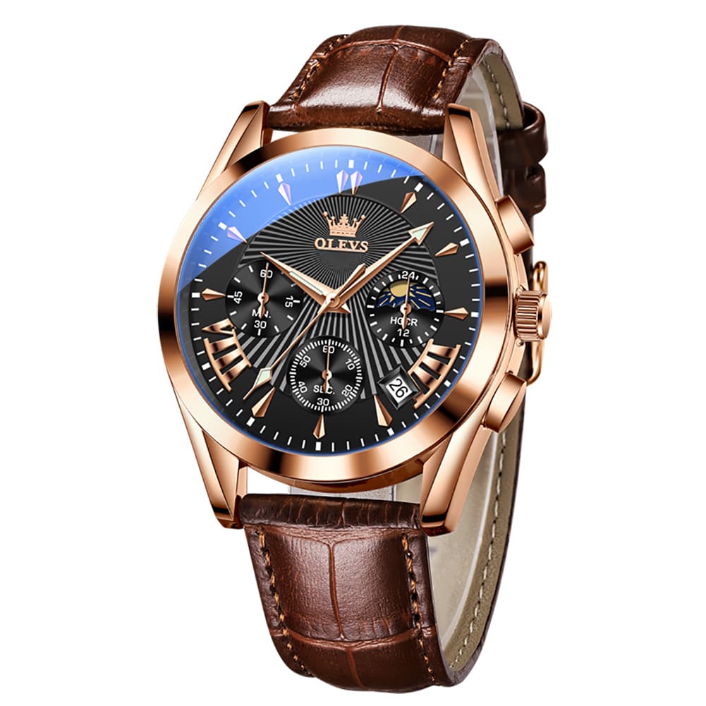 OLEVS 2876 Luxury Moon Phase Chronograph Leather Watch for Men