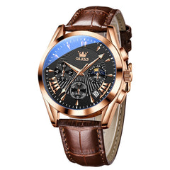 OLEVS 2876 Luxury Moon Phase Chronograph Leather Watch for Men