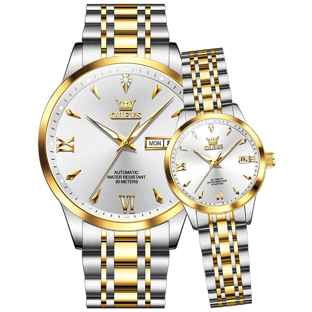 OLEVS Couple Watches Diamond Dial Automatic Mechanical Watch 9956 Steel Band for His and Hers