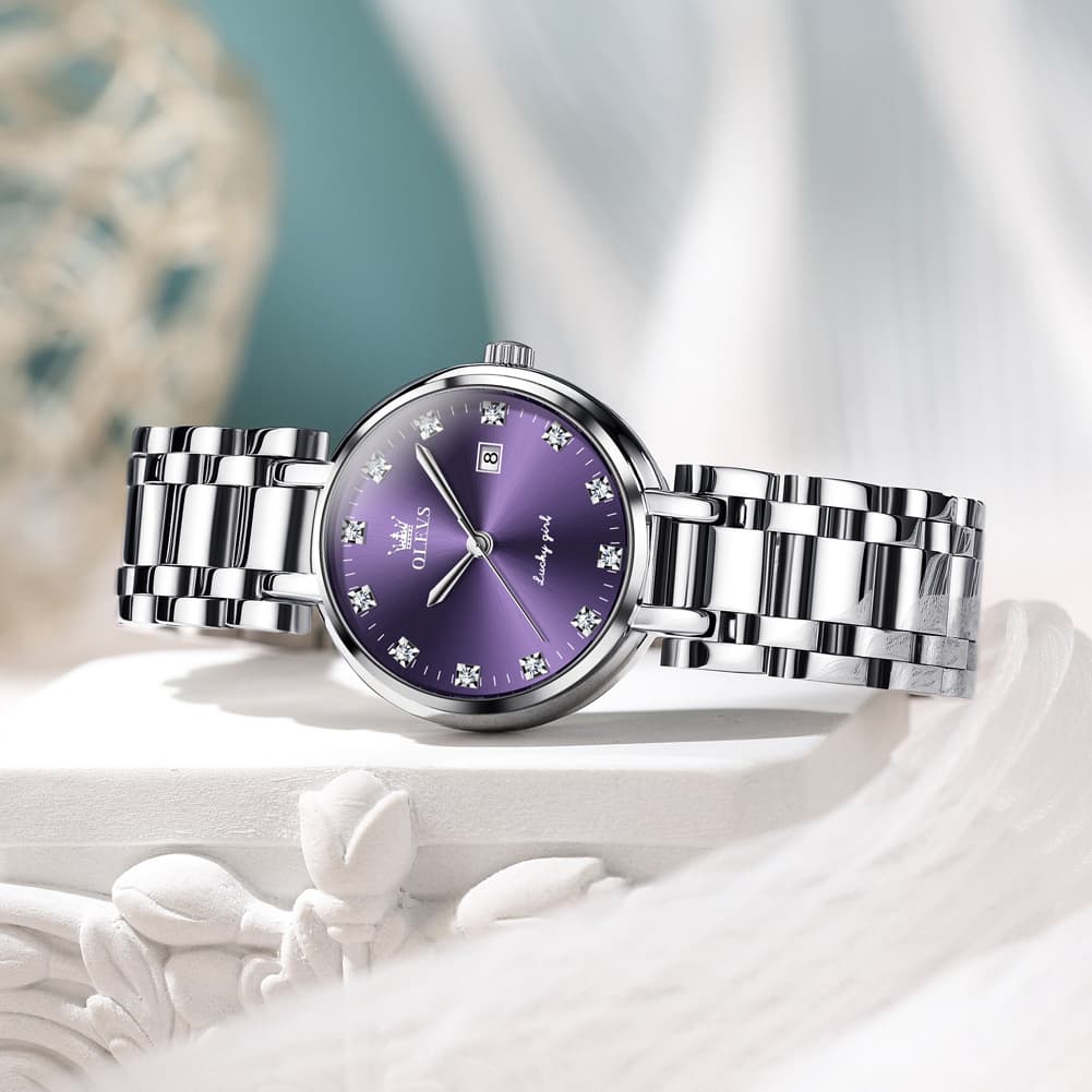 OLEVS Women Lucky Diamond Dress Watch Stainless Steel Quartz Date 5575