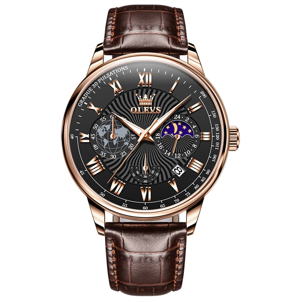 OLEVS 2893 Leather Pulsometer Moon Phase Watch for Men