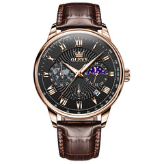 OLEVS 2893 Leather Pulsometer Moon Phase Watch for Men