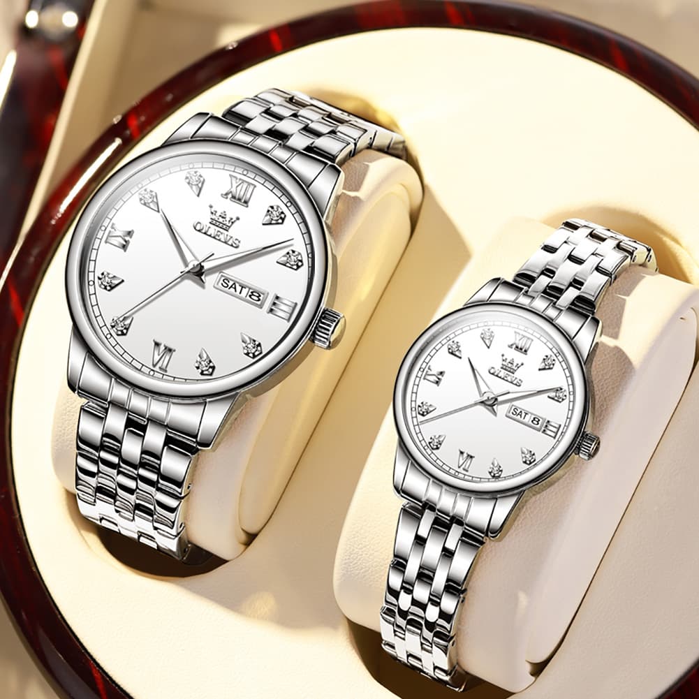 OLEVS Couple Watches Diamond Dial Day Date Quartz Watch 5525 Steel Band for His and Hers