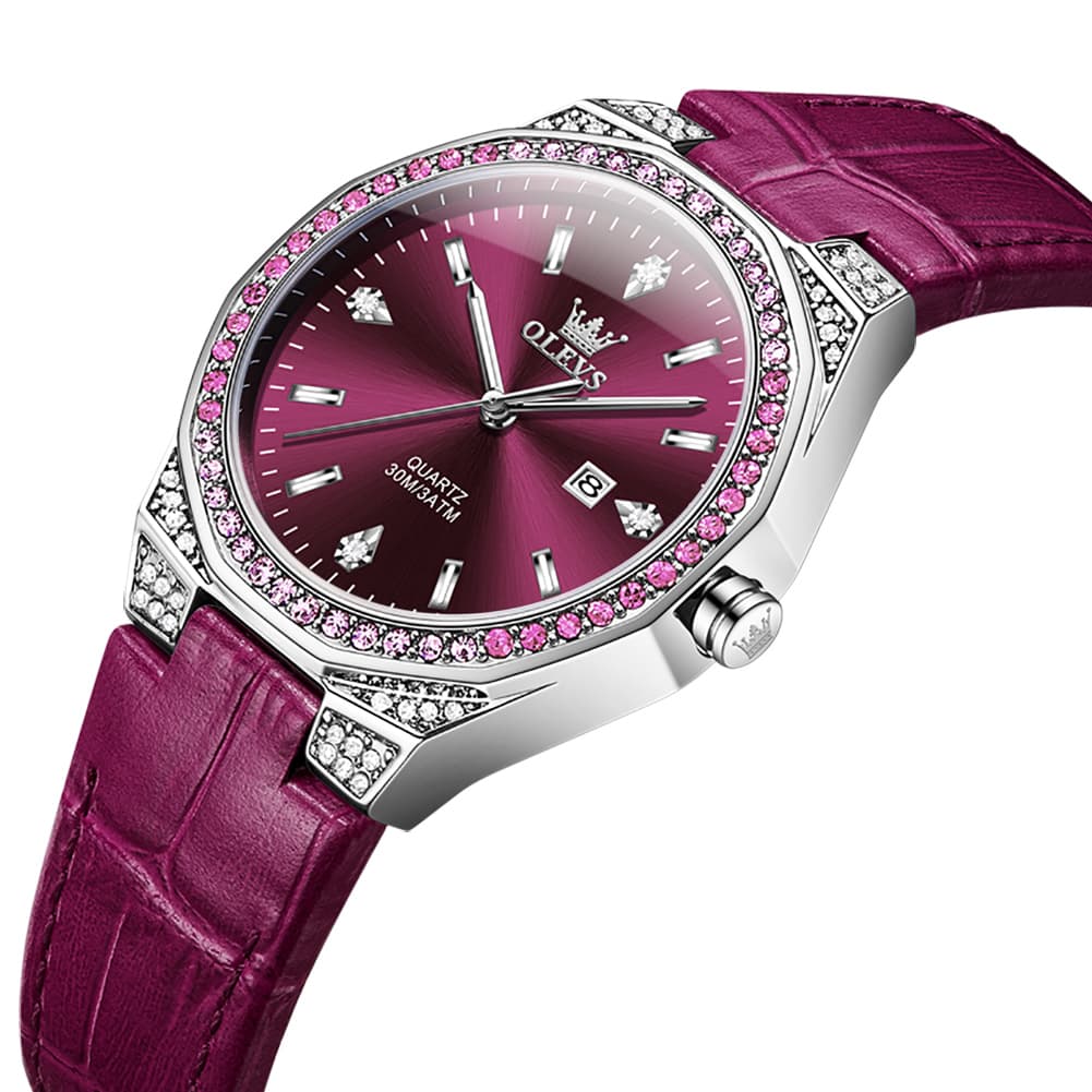 OLEVS Women Octagonal Watch Diamond Bezel Leather Strap Date Quartz 5606