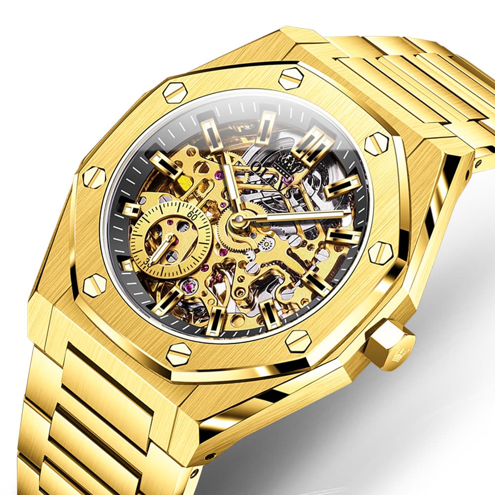 OLEVS 6669 Stainless Steel Octagonal Skeleton Watch for Men