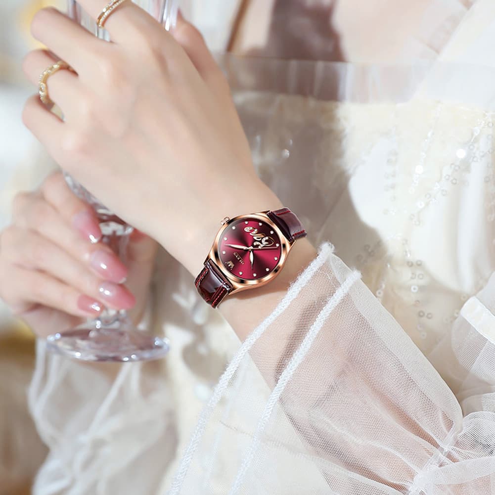 OLEVS 5581 Love Motif Diamond Watch Rose Gold Leather Strap Romantic Gift Timepiece for Women