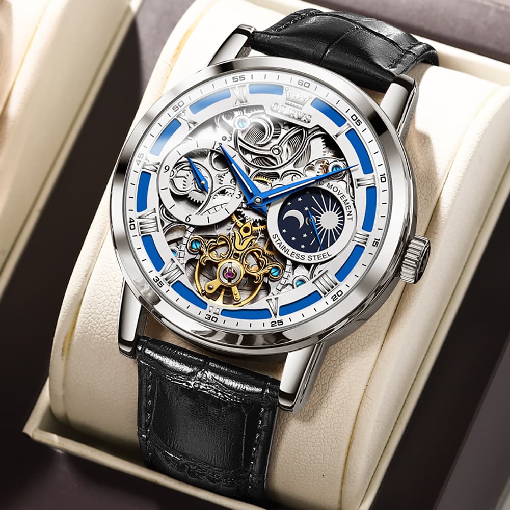 OLEVS 6670P Leather Skeleton Moon Phase Watch for Men