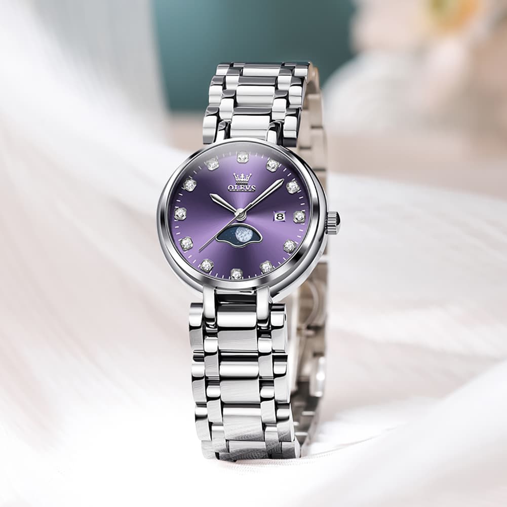 OLEVS Women Moon Phase Dress Watch Stainless Steel Diamond Dial Quartz 5573