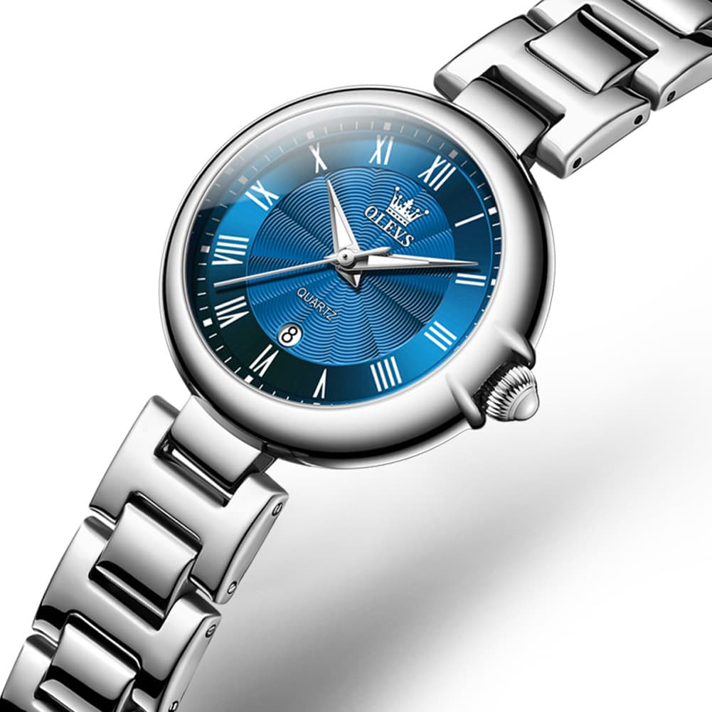 OLEVS Women Roman Numeral Dress Watch Sunray Dial Stainless Steel Date Quartz 5608