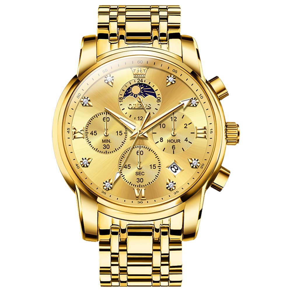 OLEVS 3655 Chronograph Moon Phase Roman Diamond Dial Stainless Steel Watch For Men