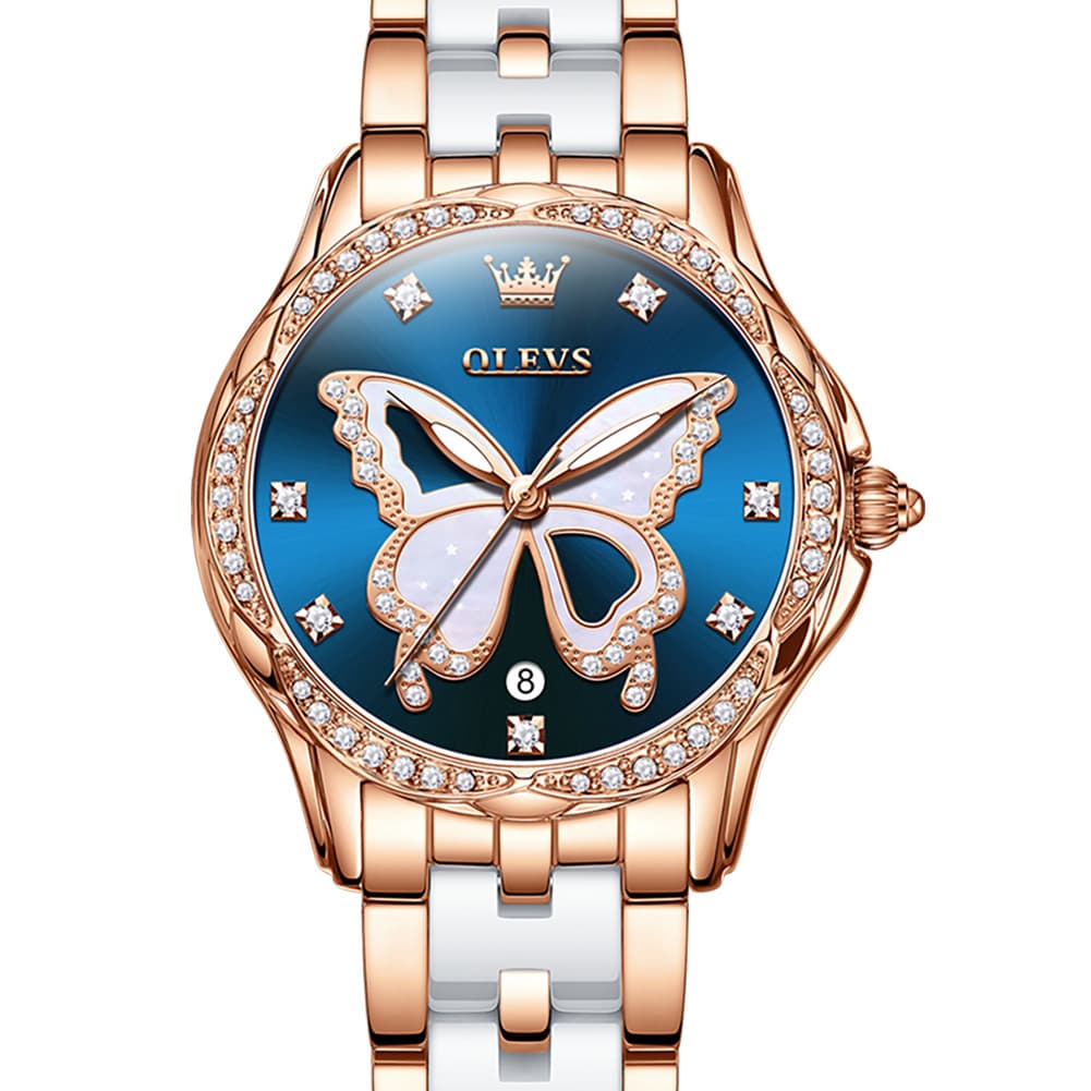 OLEVS Women Butterfly Watch Ceramic Rose Gold Diamond Date Quartz 5610