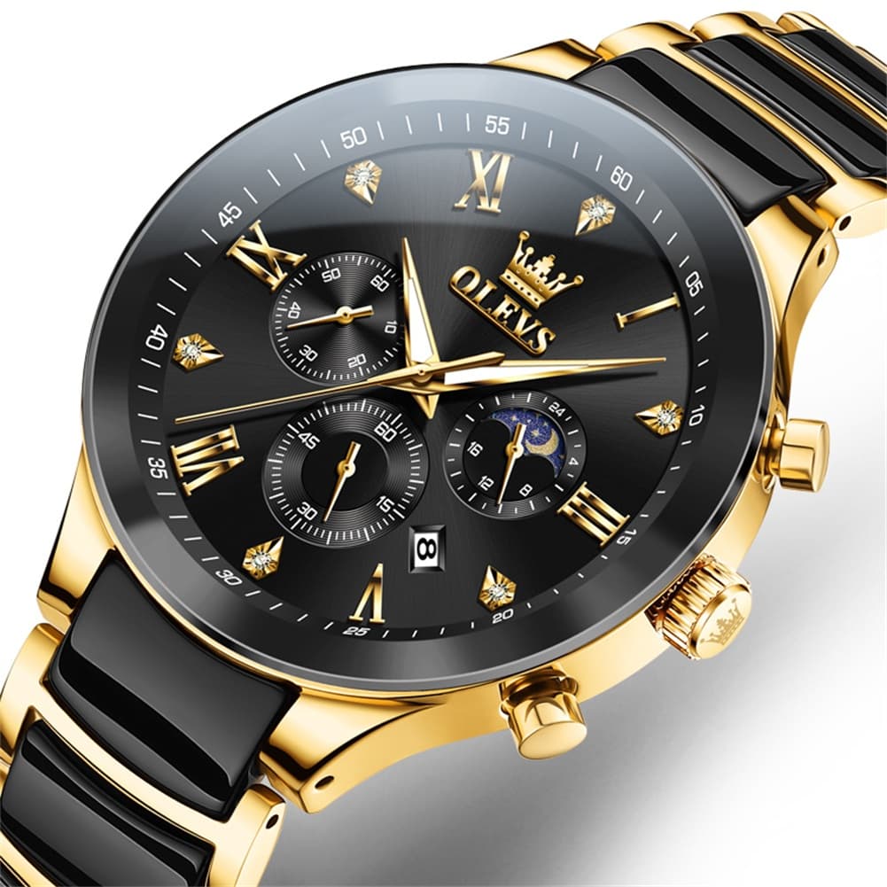 OLEVS 7004 Moon Phase Chronograph Watch Ceramic Link Bracelet Quartz Luxury Timepiece for Men
