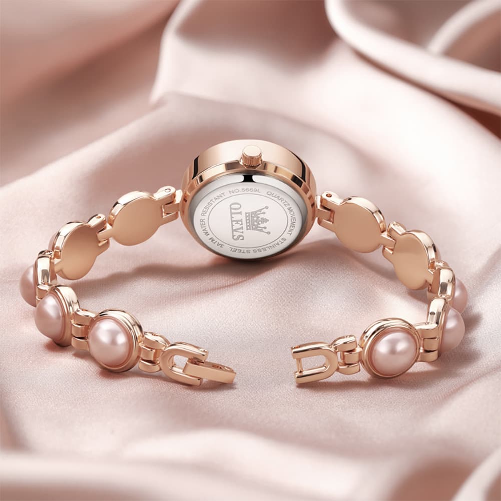 OLEVS 5669 Pearl Bracelet Watch Zircon Bezel Quartz Jewelry Timepiece for Women