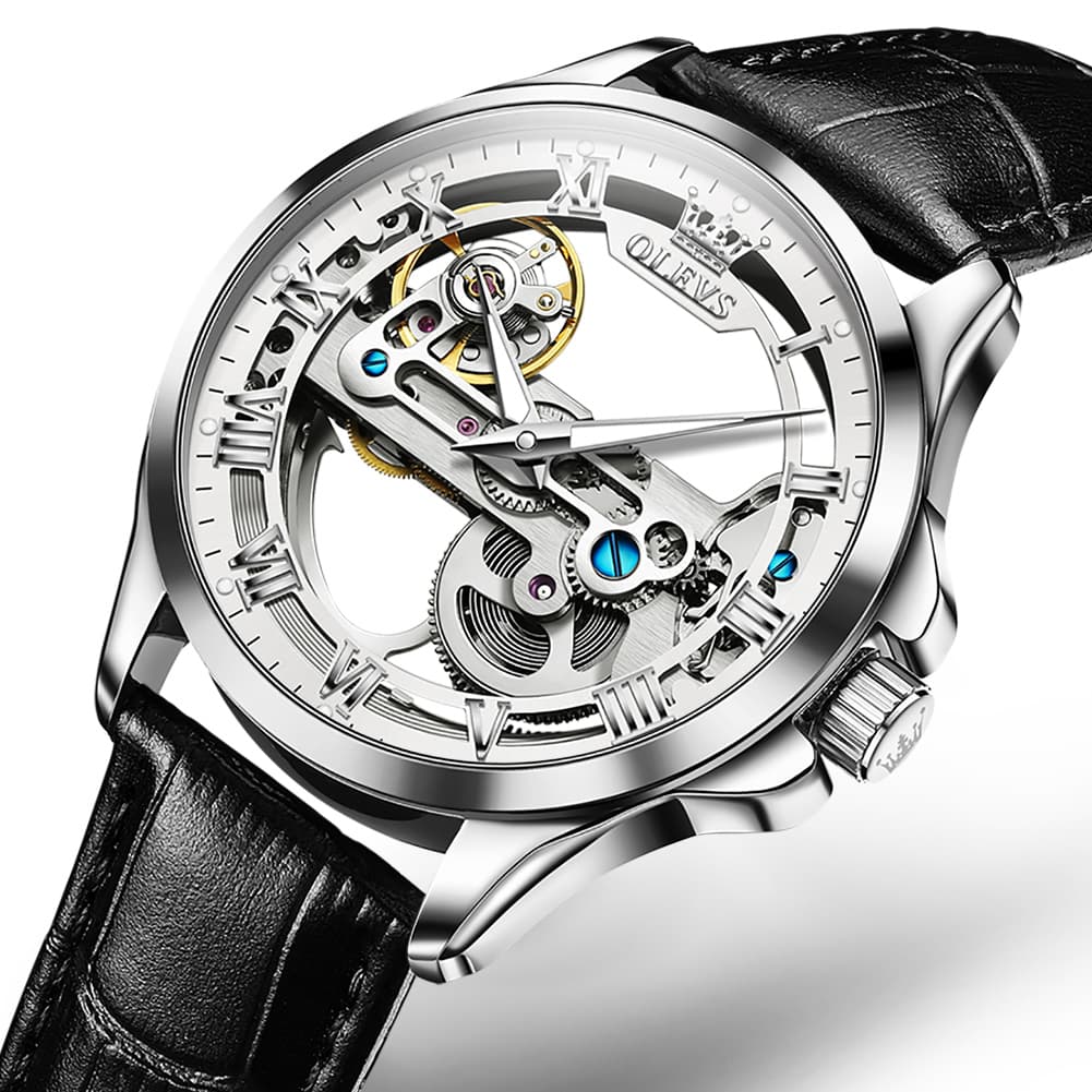 OLEVS 6661 Leather Skeleton Mechanical Watch for Men