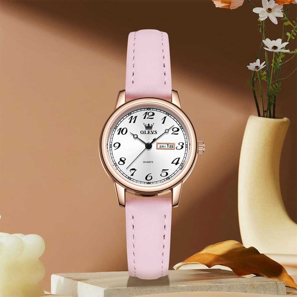 OLEVS 5662 Petite Vintage Quartz Watch Day Date Leather Strap Elegant Dress Timepiece for Women