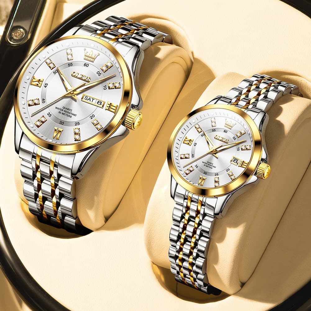 OLEVS 3620Q Classic Diamond Quartz Couple Watches Set