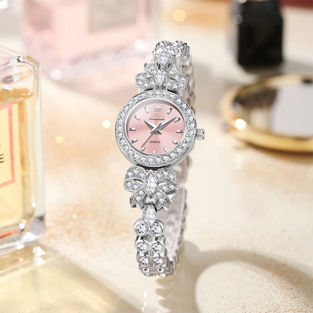 OLEVS 5887 Bow Knot Diamond Bracelet Watch Silver Zirconia Quartz Jewelry Timepiece for Women