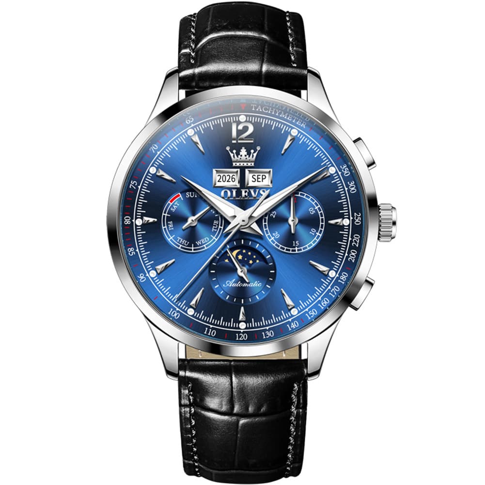 OLEVS Moon Phase Automatic Mechanical Watch 7128 Leather Strap for Men