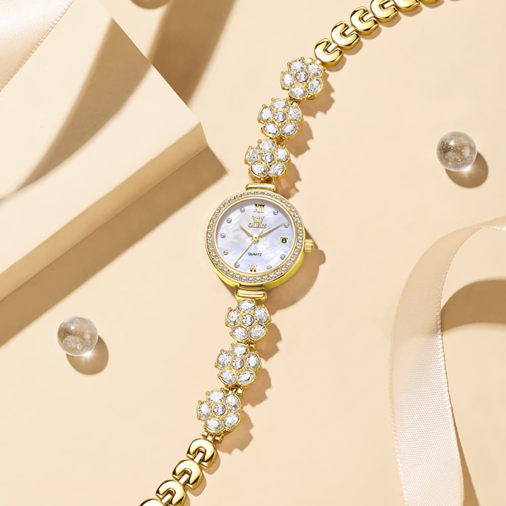 OLEVS Women Spinning Flower Watch Peach Blossom Crystal Mother of Pearl Date Quartz 5638