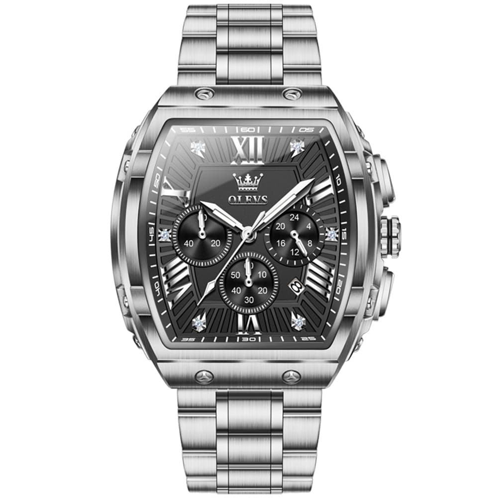 OLEVS Men Tonneau Watch Chronograph Stainless Steel Luxury Quartz 5639
