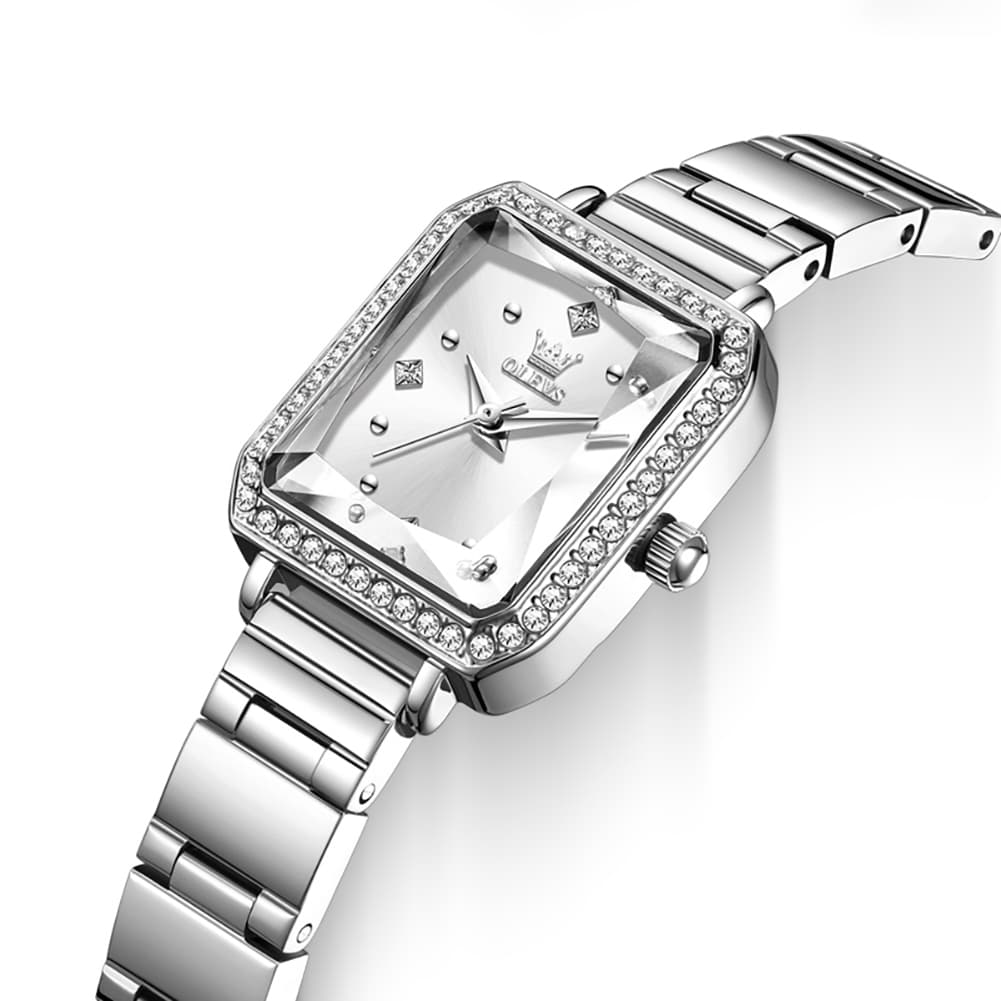 OLEVS 5688 Beveled Edge Crystal Rectangular Watch Diamond Bezel Stainless Steel Quartz Timepiece for Women