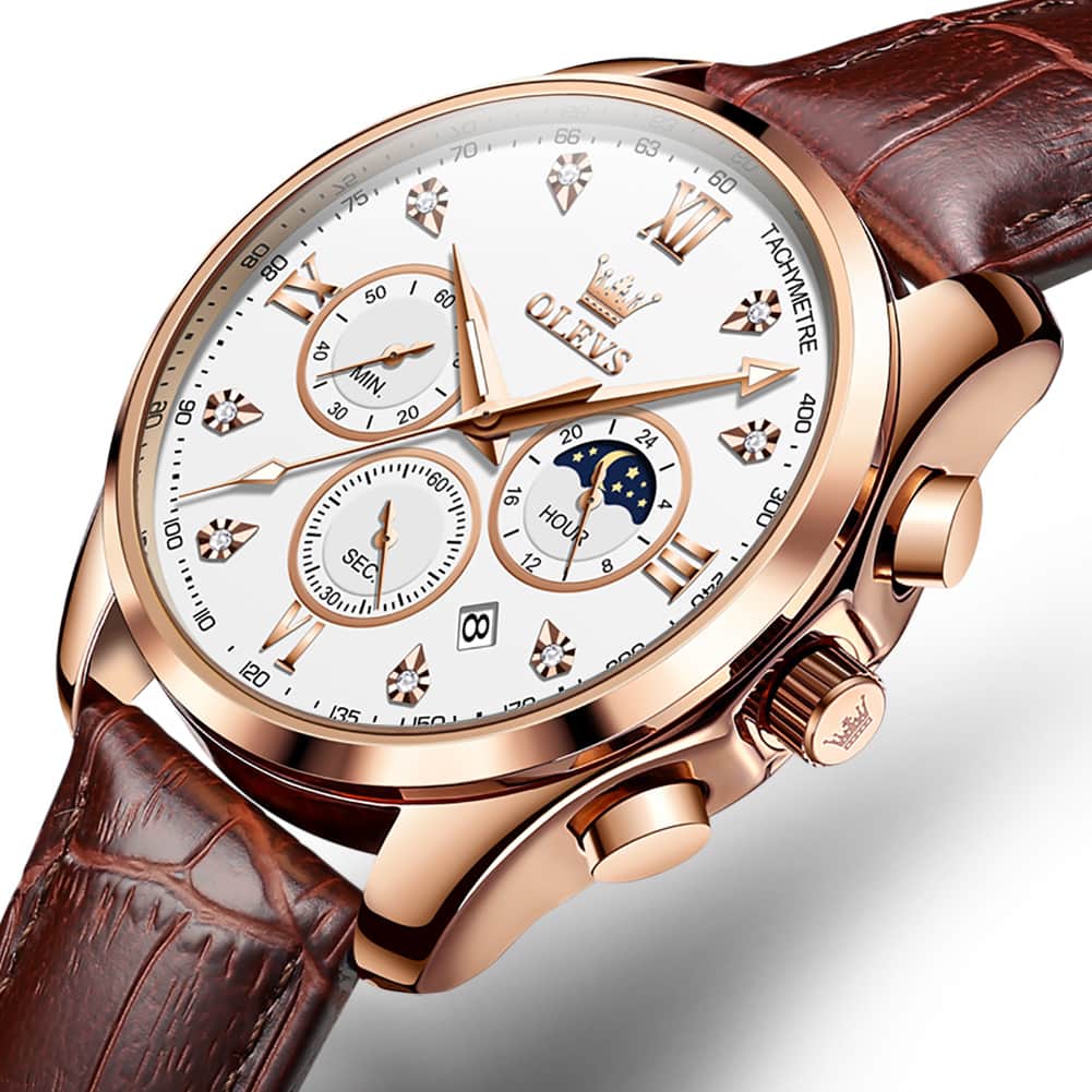 OLEVS 2888 Leather Chronograph Moon Phase Watch for Men