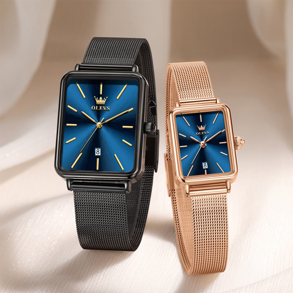 OLEVS 3692 Matching Couples Watch Set Rectangle Minimalist Mesh