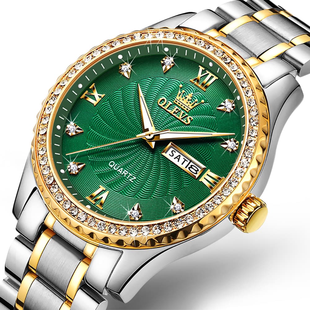 OLEVS Men Diamond Bezel Watch Two Tone Stainless Steel Quartz Day Date 5565