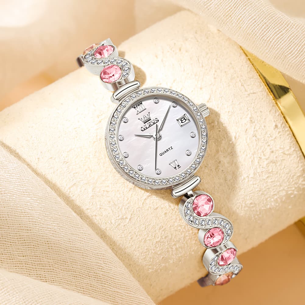 OLEVS Women Jewelry Bracelet Watch Pink Diamond Mother of Pearl Date Quartz 5633