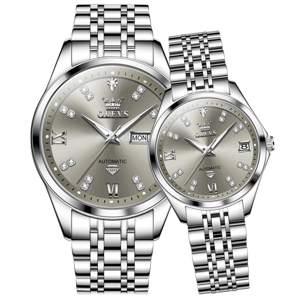 OLEVS Couple Watches Set Automatic Mechanical Diamond Dial 9801 for His and Hers