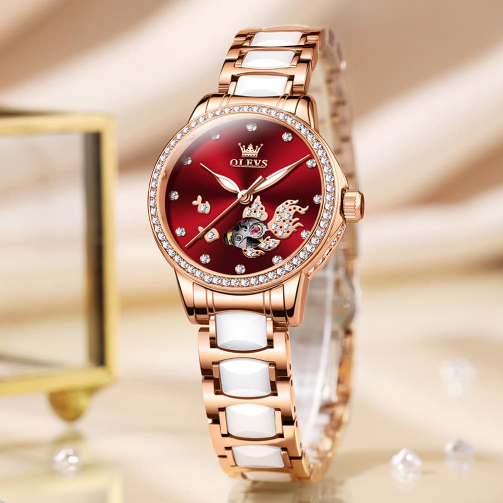 OLEVS 7001 Koi Skeleton Ceramic Mechanical Watch for Women