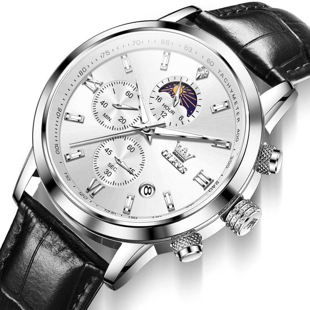 OLEVS 9812 Moon Phase Chronograph Leather Watch for Men