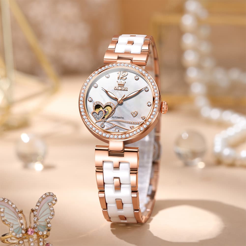 OLEVS 7086 Ceramic Heart Open Heart Automatic Watch For Women
