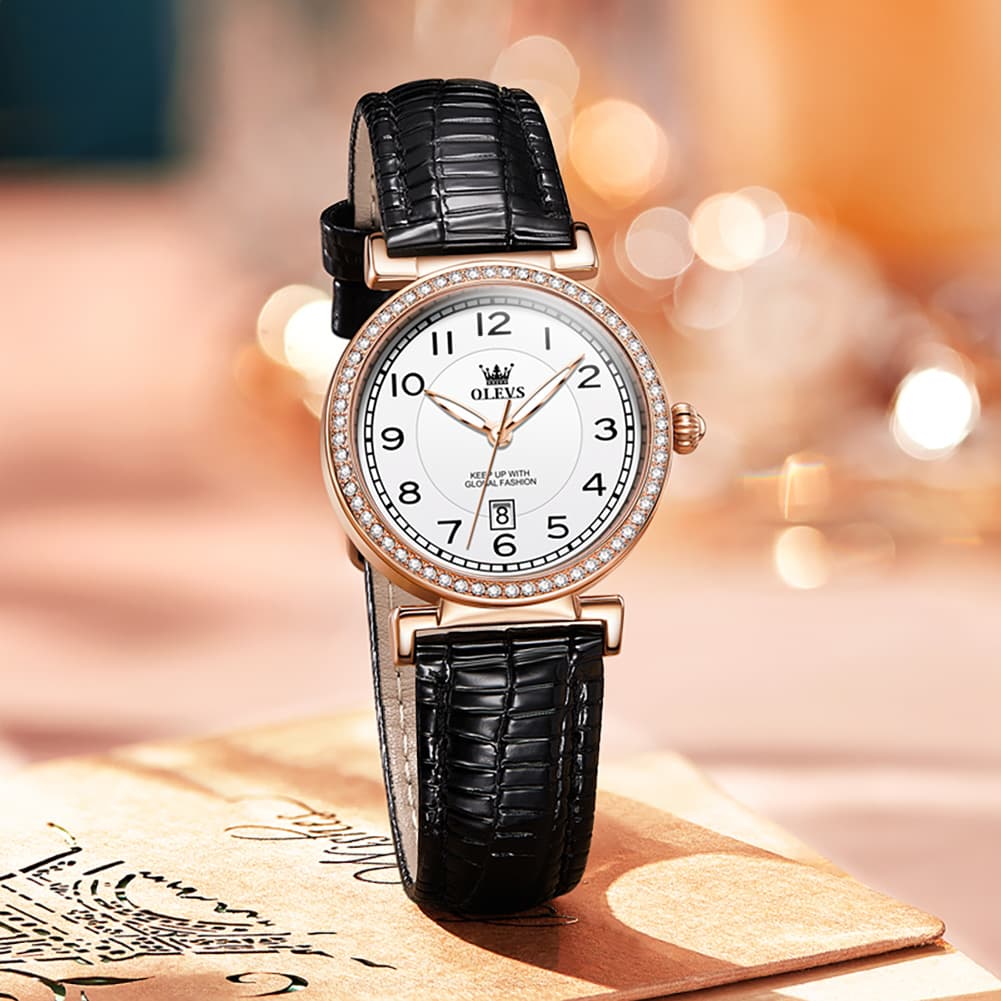 OLEVS Women Vintage Leather Dress Watch Arabic Numerals Date Quartz 5590