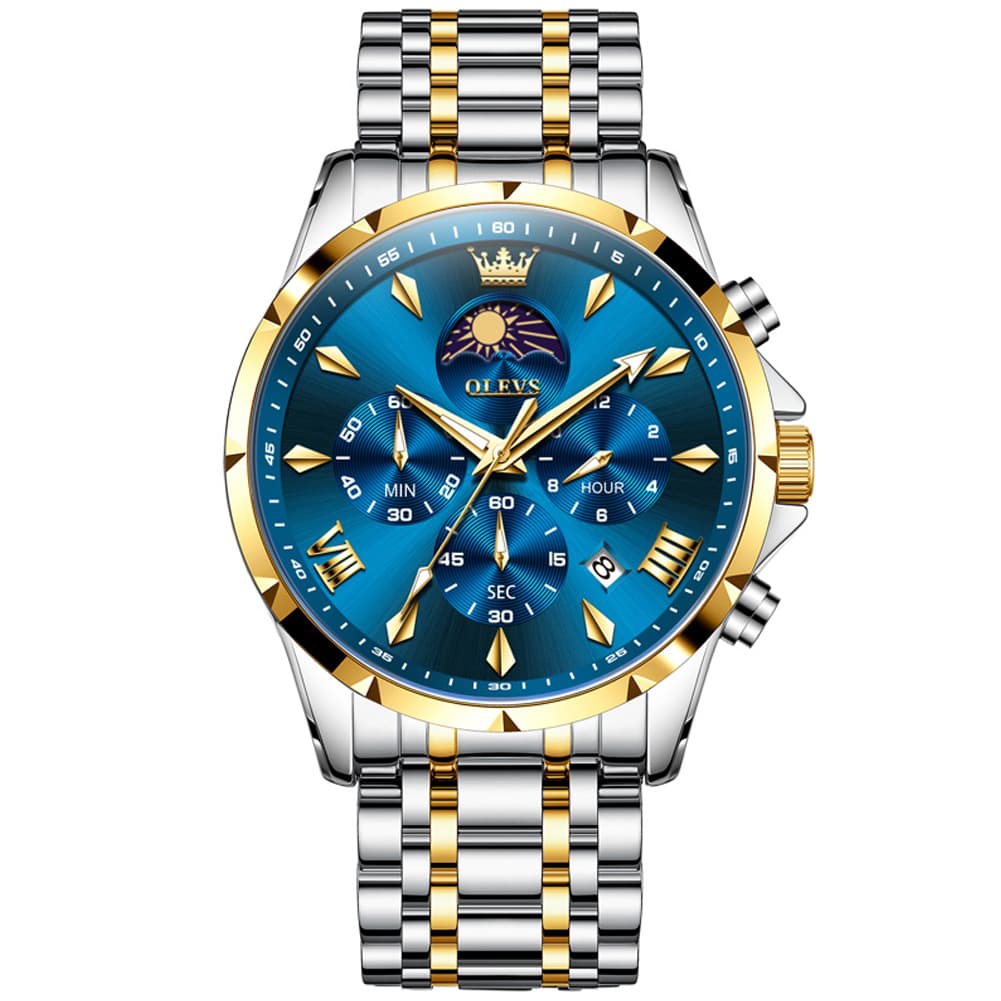 OLEVS 3653 Chronograph Moon Phase Sporty Dial Stainless Steel Watch For Men