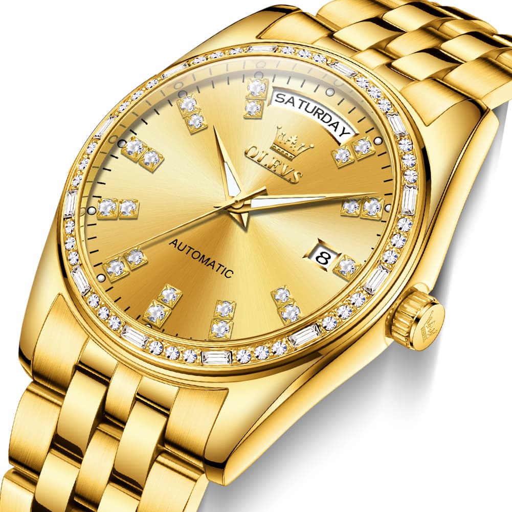 OLEVS Diamond Bezel Day Date Automatic Mechanical Watch 9802 for Men